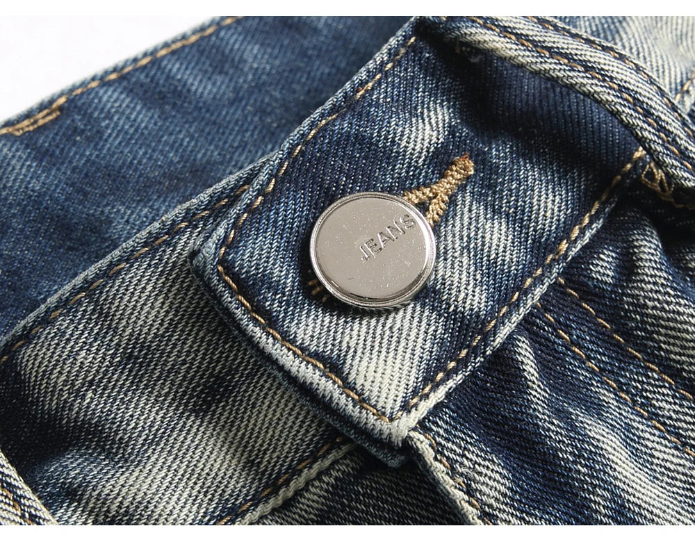 Men’s Bootcut Patchwork Jeans - Vintage Stacked Denim Jeans | Streetwear Embroidery Patched Released Hem Stacked Jeans