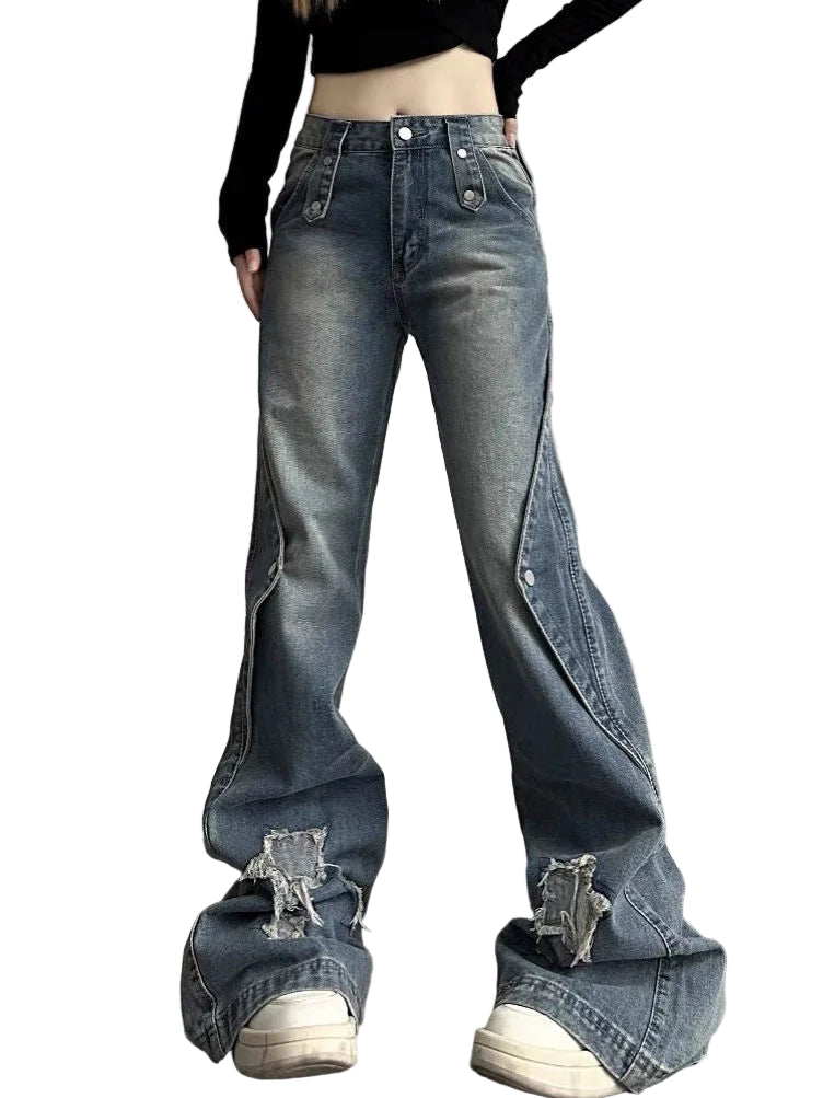 HarajukuFlare™ Y2K Wide Leg Jeans – High Waist Vintage Denim | Slim Fit Streetwear Ripped Pants for Women