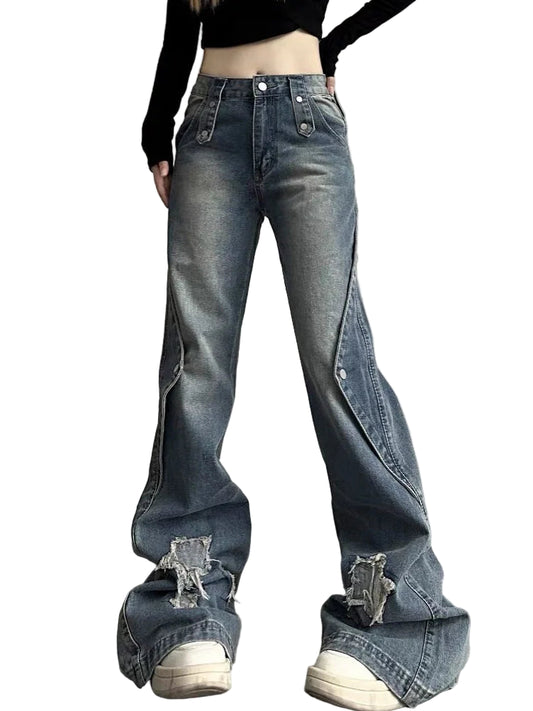 HarajukuFlare™ Y2K Wide Leg Jeans – High Waist Vintage Denim | Slim Fit Streetwear Ripped Pants for Women