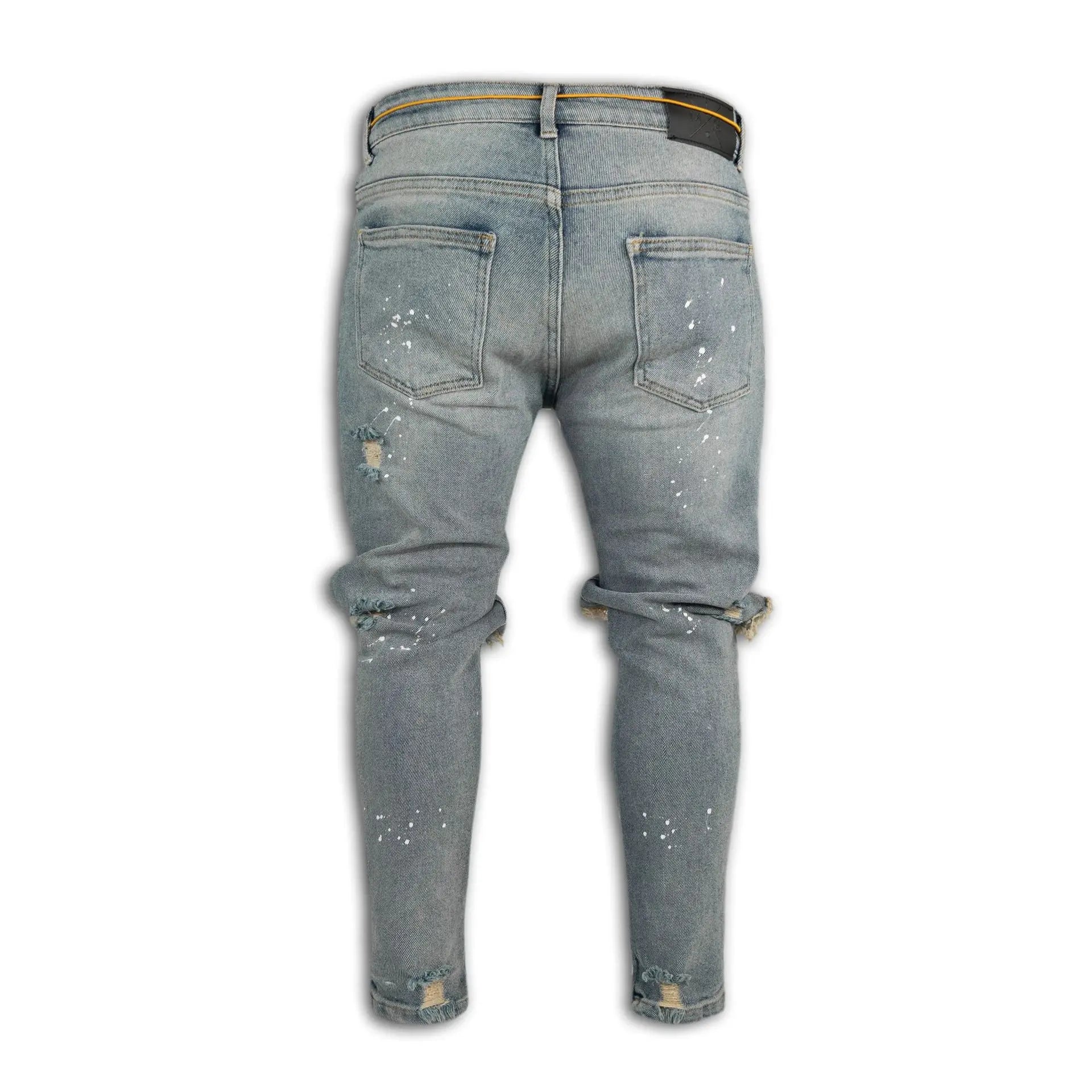 Mens Destroyed Skinny Jeans - Frayed Knee Denim with Zipper Ankles, Paint FX, Streetwear Skinny Streetwear Jeans