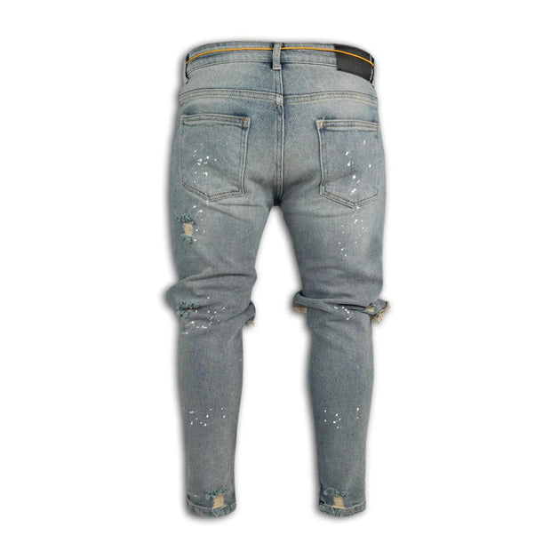Mens Destroyed Skinny Jeans - Frayed Knee Denim with Zipper Ankles, Paint FX, Streetwear Skinny Streetwear Jeans