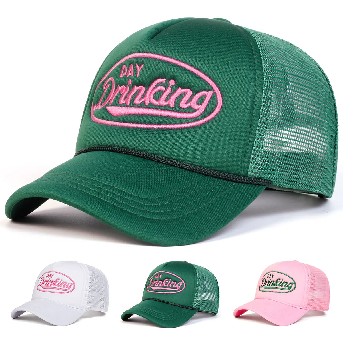 "DAY DRINKING" Trucker Hat - Embroidered Mesh Snapback | Adjustable Unisex Cap for Summer Vibes