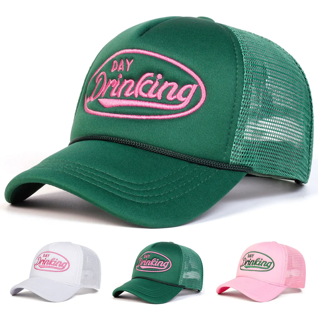 "DAY DRINKING" Trucker Hat - Embroidered Mesh Snapback | Adjustable Unisex Cap for Summer Vibes - Legendary Branding