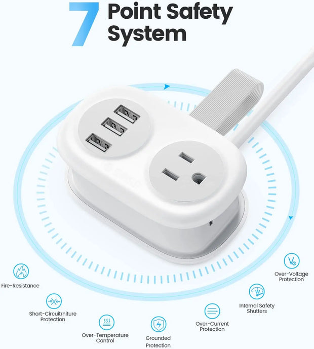 5-in-1 Travel Power Strip – 2 AC Outlets + 3 USB Fast Charging Ports + Type-C, Compact Extension Cord with Surge Protection