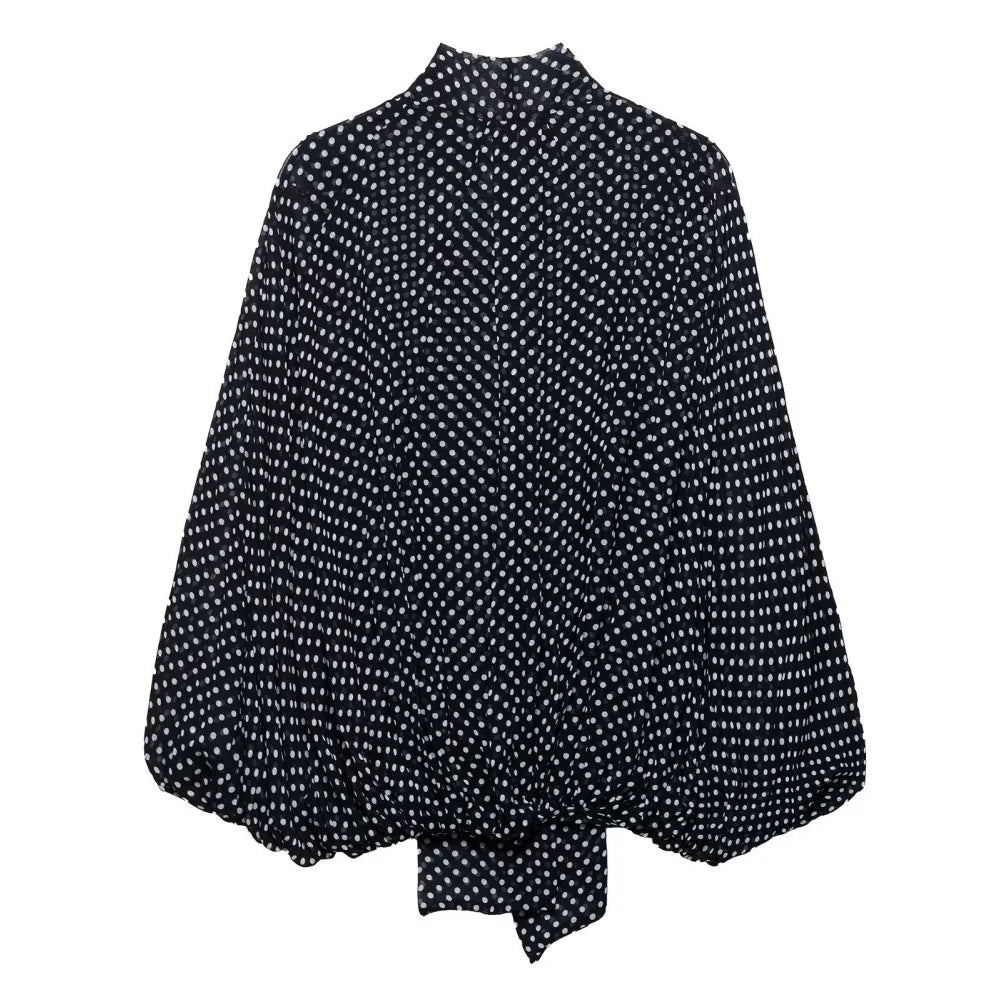 Bow Embellished Polka Dot Cape-Style Loose Shirt - Women’s Fashion Top with Ribbon Collar & Long Sleeves