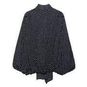 Bow Embellished Polka Dot Cape-Style Loose Shirt - Women’s Fashion Top with Ribbon Collar & Long Sleeves