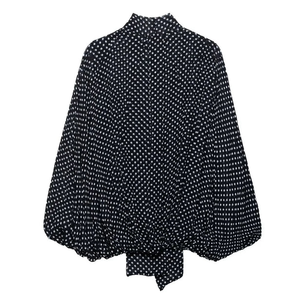 Bow Embellished Polka Dot Cape-Style Loose Shirt - Women’s Fashion Top with Ribbon Collar & Long Sleeves