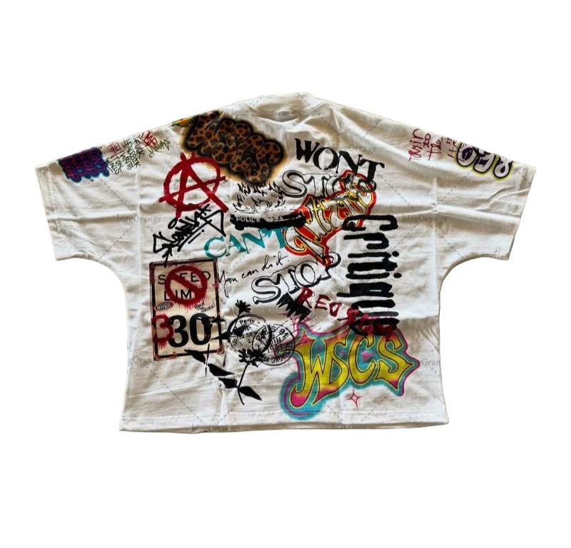Punk Graffiti Rock Letter Oversized T-Shirt - Graffiti Y2K Hip Hop Streetwear Cotton Tee