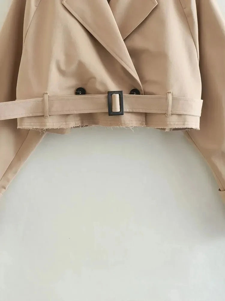 Belted Cropped Trench Jacket - Women’s Vintage Double Breasted Streetwear Coat, Spring Casual Outwear