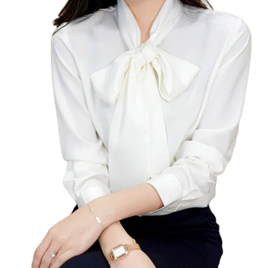 Silk Satin Bow-Tie Blouse - Women’s Long Sleeve Lightweight Sash Shirt | Elegant Spring Top