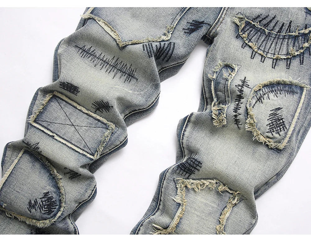 Men’s Bootcut Patchwork Jeans - Vintage Stacked Denim Jeans | Streetwear Embroidery Patched Released Hem Stacked Jeans