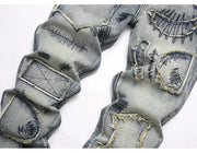 Men’s Bootcut Patchwork Jeans - Vintage Stacked Denim Jeans | Streetwear Embroidery Patched Released Hem Stacked Jeans