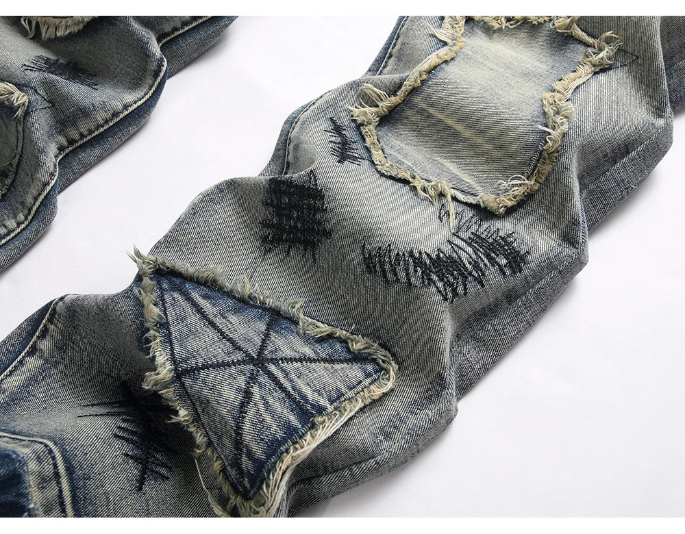 Men’s Bootcut Patchwork Jeans - Vintage Stacked Denim Jeans | Streetwear Embroidery Patched Released Hem Stacked Jeans