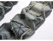 Men’s Bootcut Patchwork Jeans - Vintage Stacked Denim Jeans | Streetwear Embroidery Patched Released Hem Stacked Jeans