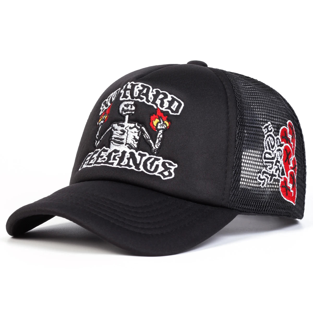 No Hard Feelings Skull Trucker Cap - Flame Mesh Snapback Hat | Adjustable Summer Streetwear Hat