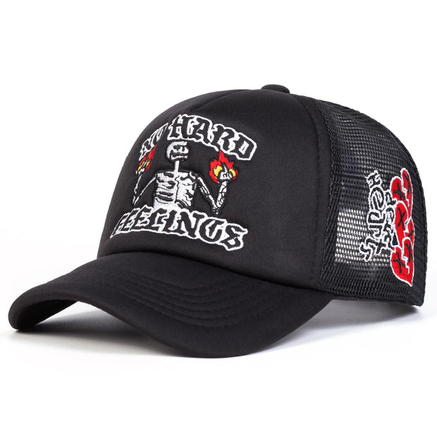 No Hard Feelings Skull Trucker Cap - Flame Mesh Snapback Hat | Adjustable Summer Streetwear Hat