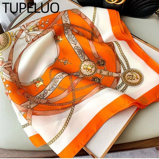 Roman Chain Silk Scarf - 70cm Elegant Simulated Silk Geometric Square Headwear for Women All Seasons