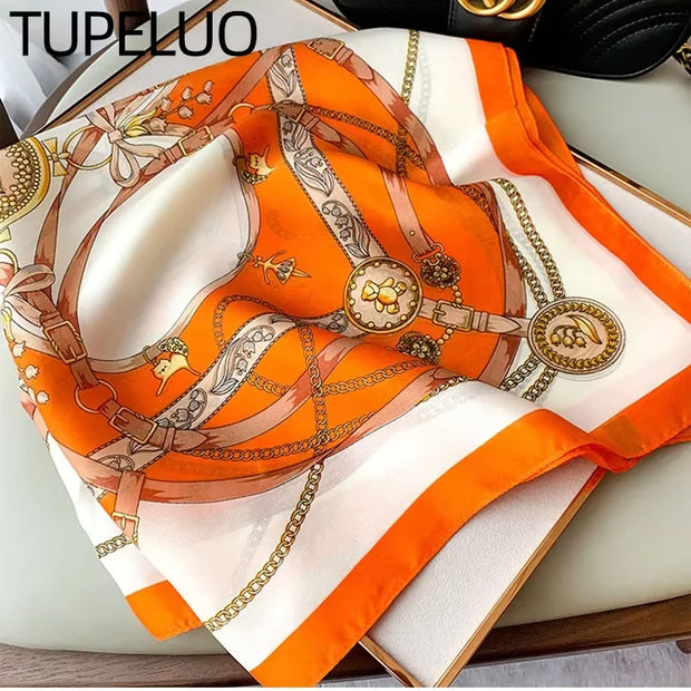 Roman Chain Silk Scarf - 70cm Elegant Simulated Silk Geometric Square Headwear for Women All Seasons