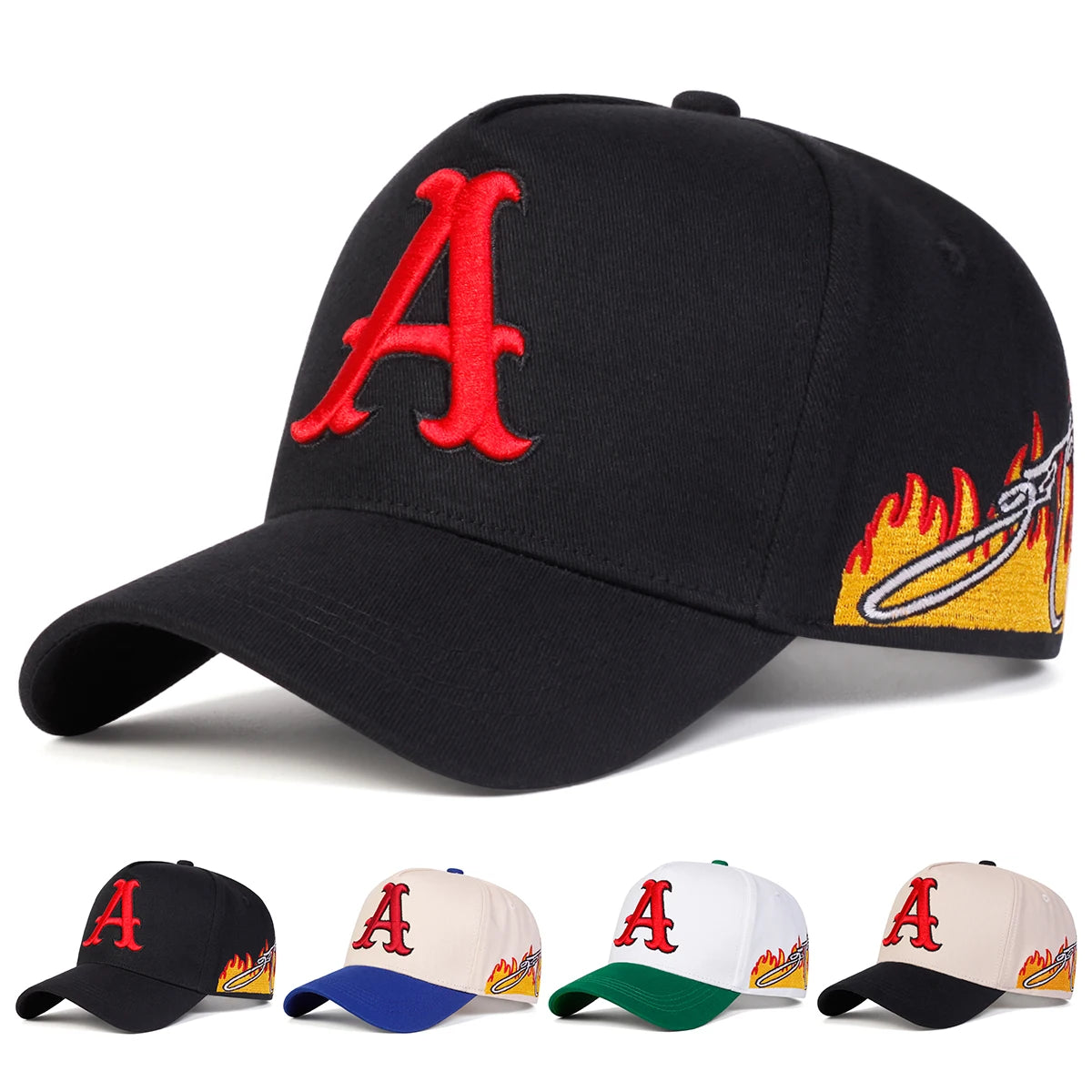 Letter A Embroidered Baseball Cap - Flame Side Design Snapback | Unisex Adjustable Streetwear Hat