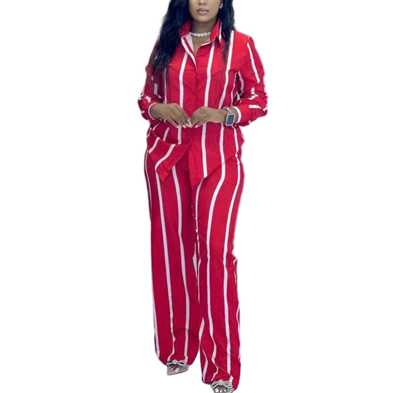 Stripe Two-Piece Set - Button-Up Long Sleeve Shirt & Wide Leg Pants | Women’s Spring Autumn Casual Outfit
