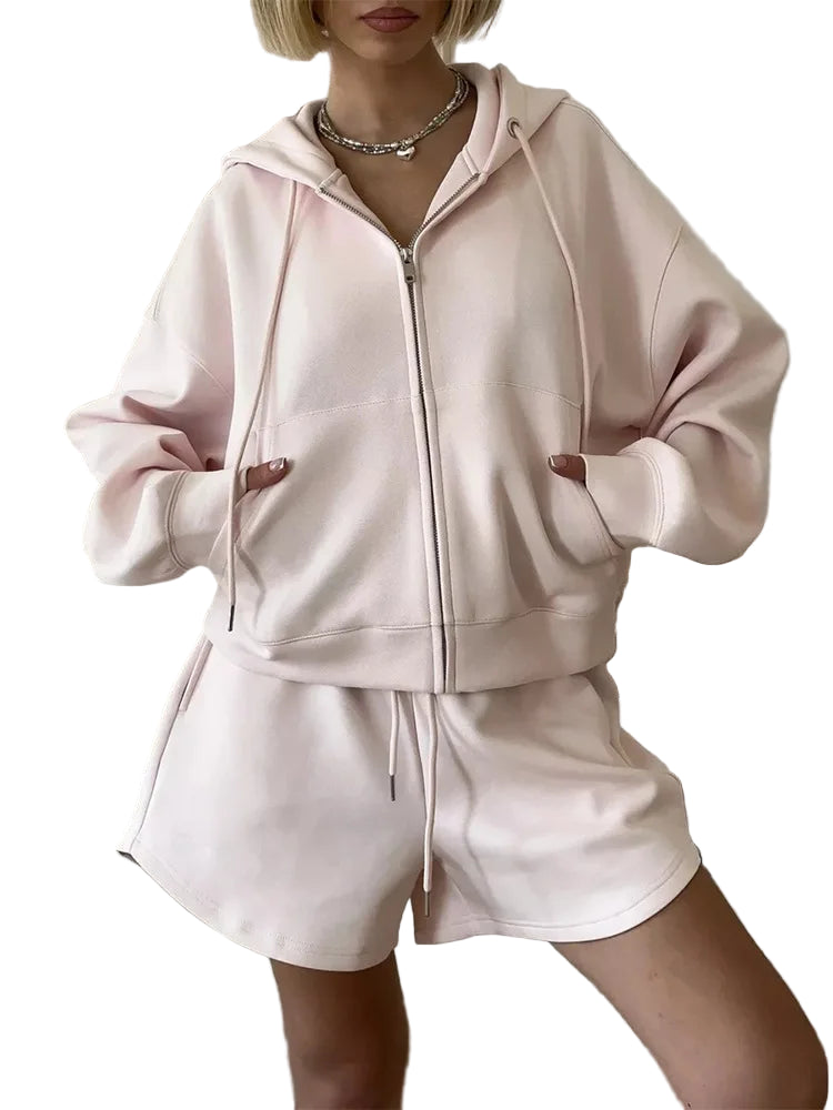 SoftStitch™ Pink Oversized Hoodie & Shorts Set – Women’s Spring Loungewear, Casual Two-Piece Matching Outfit for Streetwear & Relaxed Days