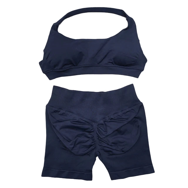 Seamless Yoga Set - 2 Piece Halter Sport Bra & Scrunch Bum Shorts - Breathable Quick-Dry Gym Outfit