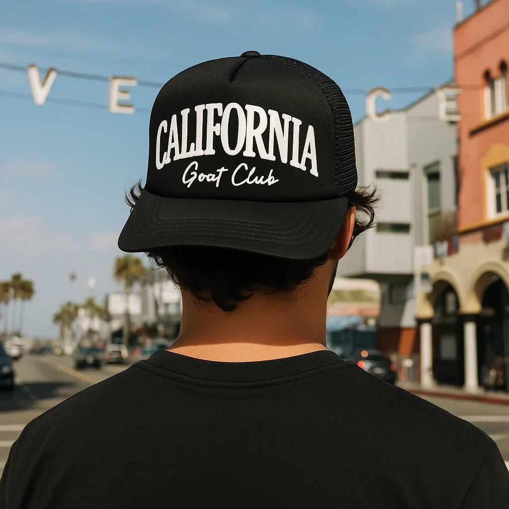 GOAT Club California Trucker Hat, GOAT Club Hat, Cali Mesh Snapback Cap, West Coast Streetwear Hat - Legendary Branding