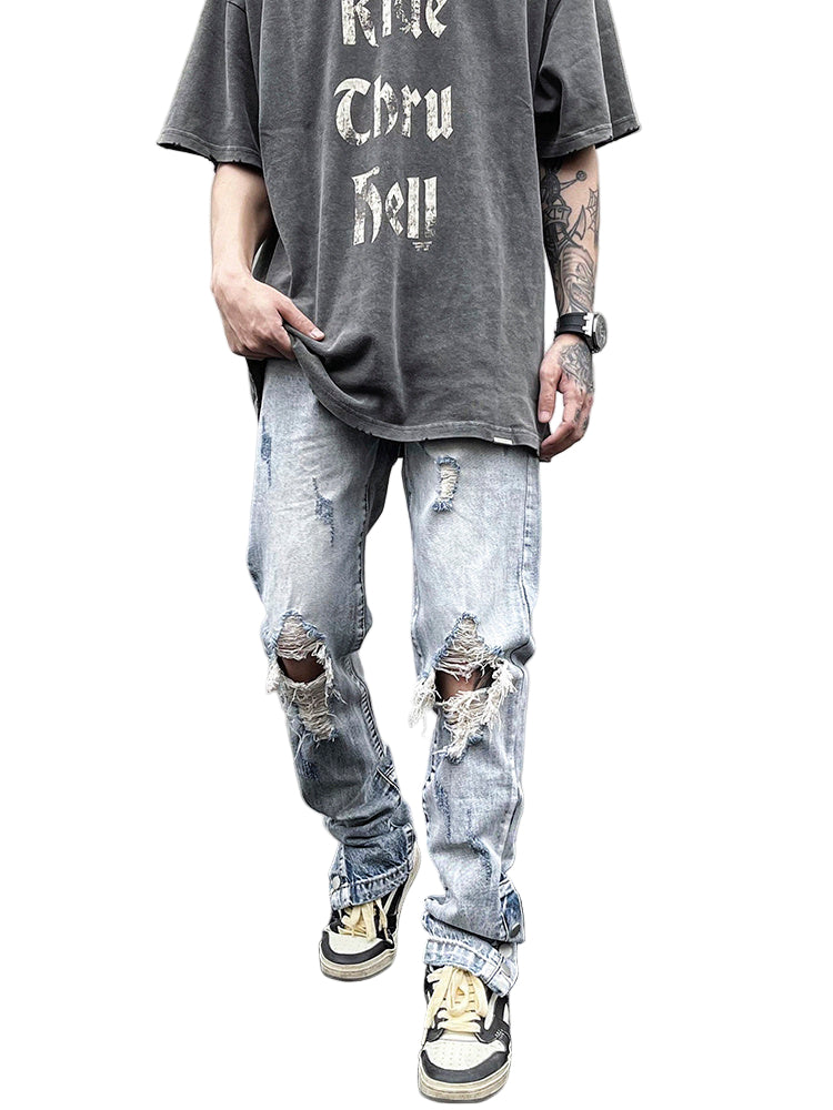 Bleach Fade Snap-Slit Ripped Jeans – Light Blue Streetwear Denim, Distressed Skinny Fit, GOAT Urban Streetwear Fashion Jeans