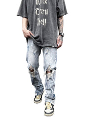 Bleach Fade Snap-Slit Ripped Jeans – Light Blue Streetwear Denim, Distressed Skinny Fit, GOAT Urban Streetwear Fashion Jeans
