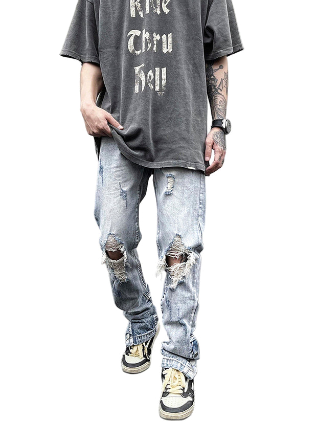 Bleach Fade Snap-Slit Ripped Jeans – Light Blue Streetwear Denim, Distressed Skinny Fit, GOAT Urban Streetwear Fashion Jeans