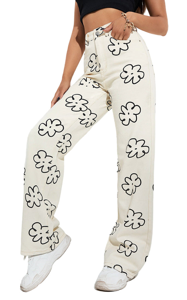 Retro Bloom Loose Straight-Leg Jeans, White Washed Cotton Denim, Minimalist Wide Fit Pants, Vintage Streetwear, Floral Women's Jeans