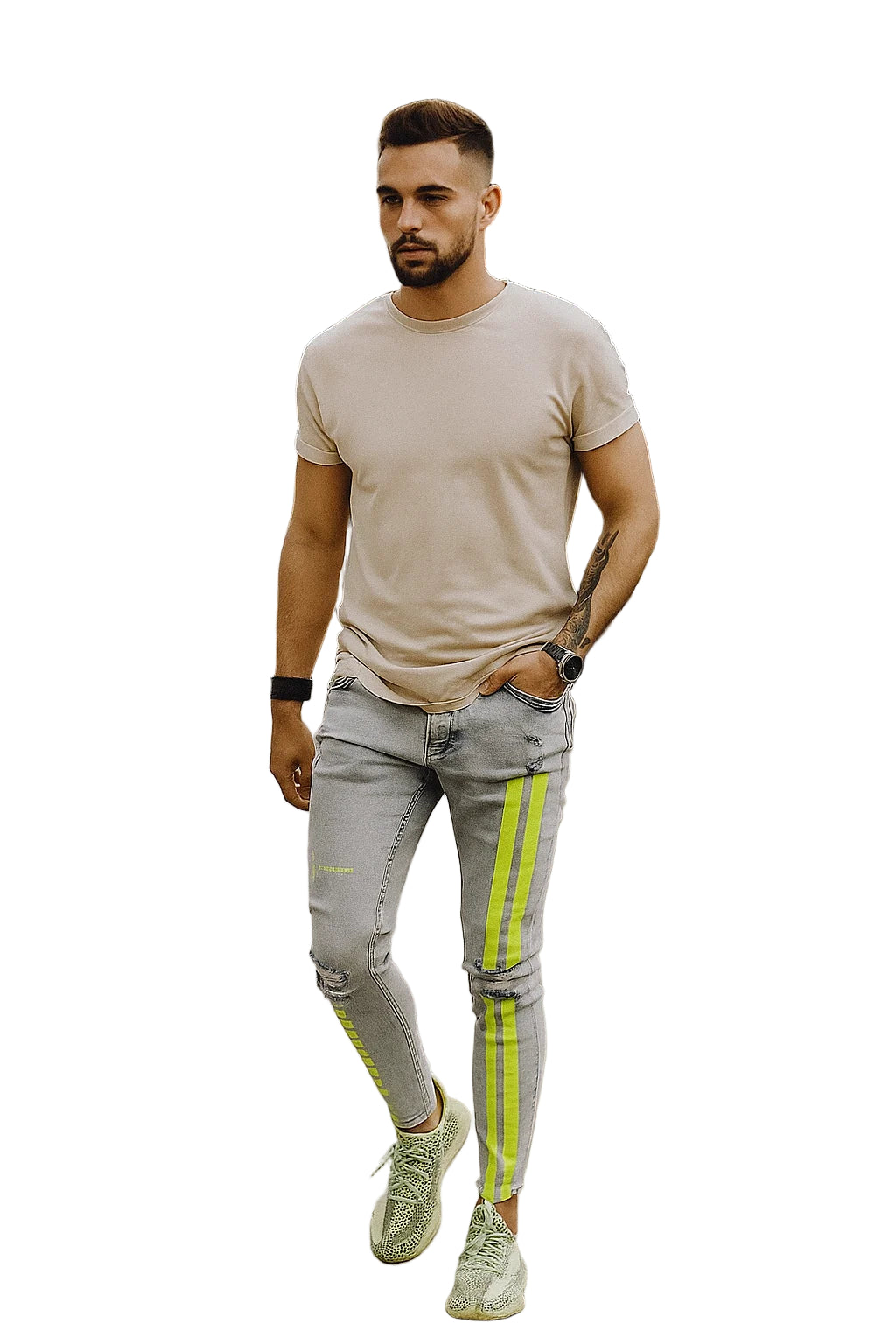 Stripe Skinny Jeans - Printed Streetwear Pants with Tears, Y2K Pencil Fit Denim