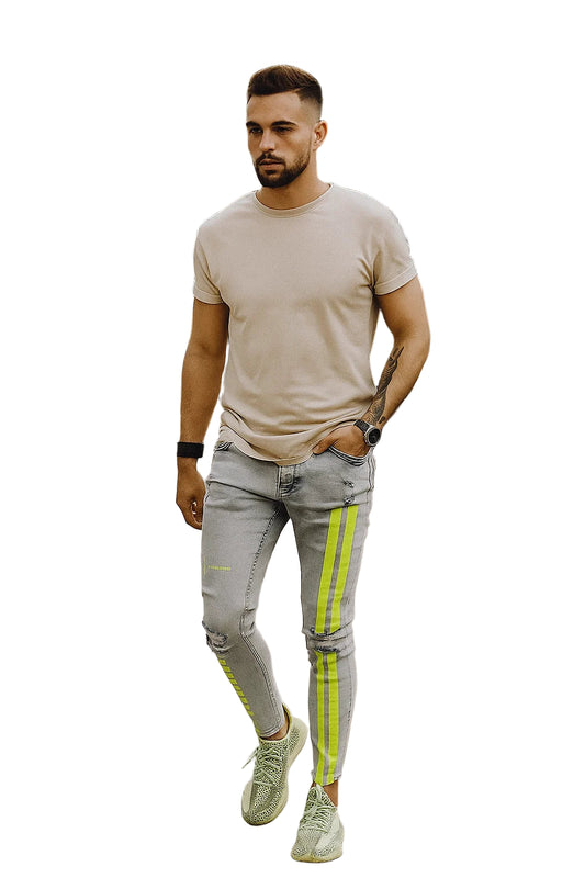 Stripe Skinny Jeans - Printed Streetwear Pants with Tears, Y2K Pencil Fit Denim