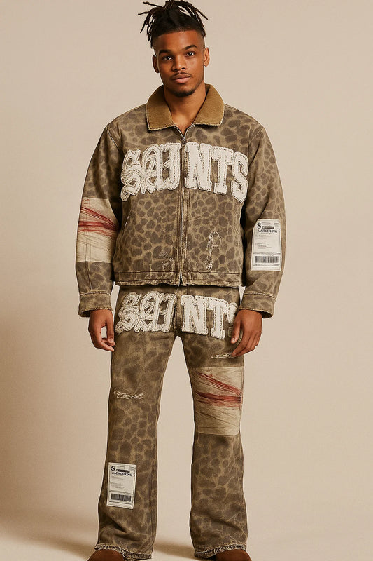 Streetwear Y2K Leather Jacket & Jeans Two Piece Suit – Hip Hop Patchwork Embroidery, Washed Blue Gothic Set