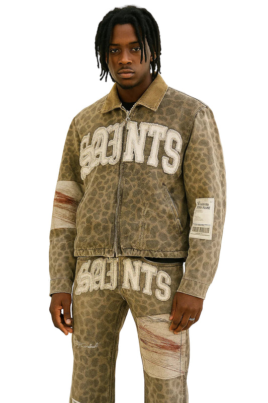Streetwear Y2K Leather Jacket & Jeans Two Piece Suit – Hip Hop Patchwork Embroidery, Washed Blue Gothic Set