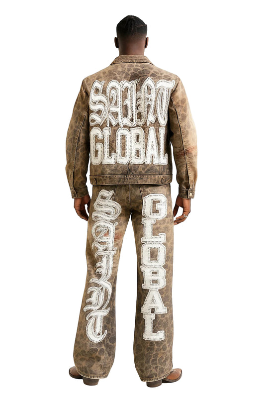 Streetwear Y2K Leather Jacket & Jeans Two Piece Suit – Hip Hop Patchwork Embroidery, Washed Blue Gothic Set
