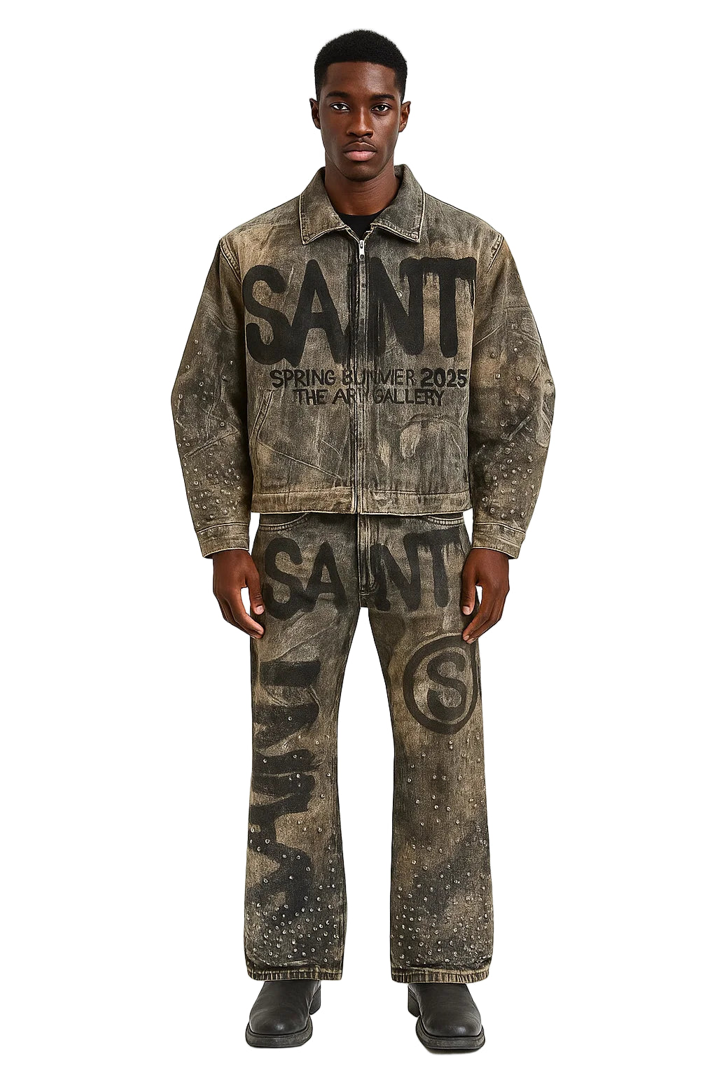 Streetwear Y2K Leather Jacket & Jeans Two Piece Suit – Hip Hop Patchwork Embroidery, Washed Blue Gothic Set