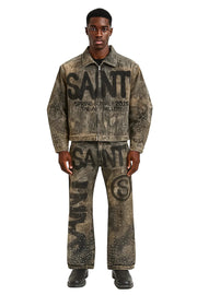 Streetwear Y2K Leather Jacket & Jeans Two Piece Suit – Hip Hop Patchwork Embroidery, Washed Blue Gothic Set
