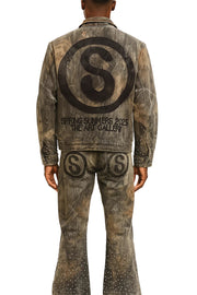 Streetwear Y2K Leather Jacket & Jeans Two Piece Suit – Hip Hop Patchwork Embroidery, Washed Blue Gothic Set