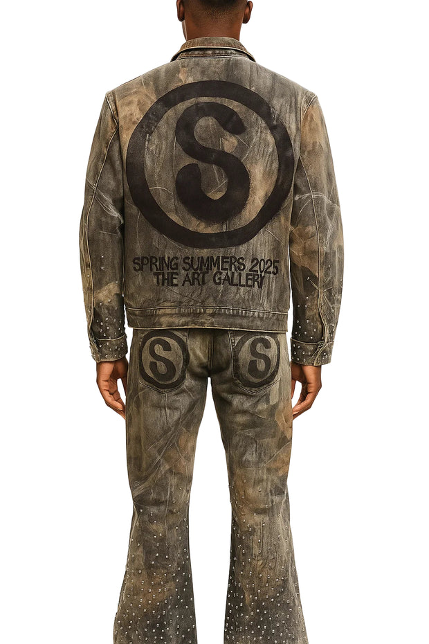 Streetwear Y2K Leather Jacket & Jeans Two Piece Suit – Hip Hop Patchwork Embroidery, Washed Blue Gothic Set