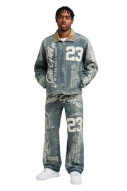 Streetwear Y2K Leather Jacket & Jeans Two Piece Suit – Hip Hop Patchwork Embroidery, Washed Blue Gothic Set