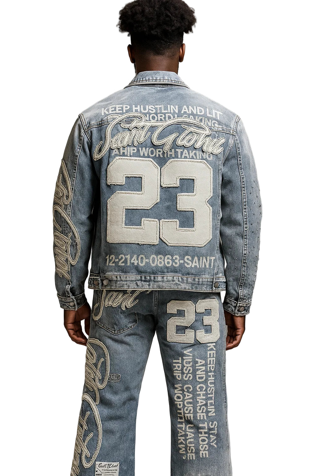 Streetwear Y2K Leather Jacket & Jeans Two Piece Suit – Hip Hop Patchwork Embroidery, Washed Blue Gothic Set