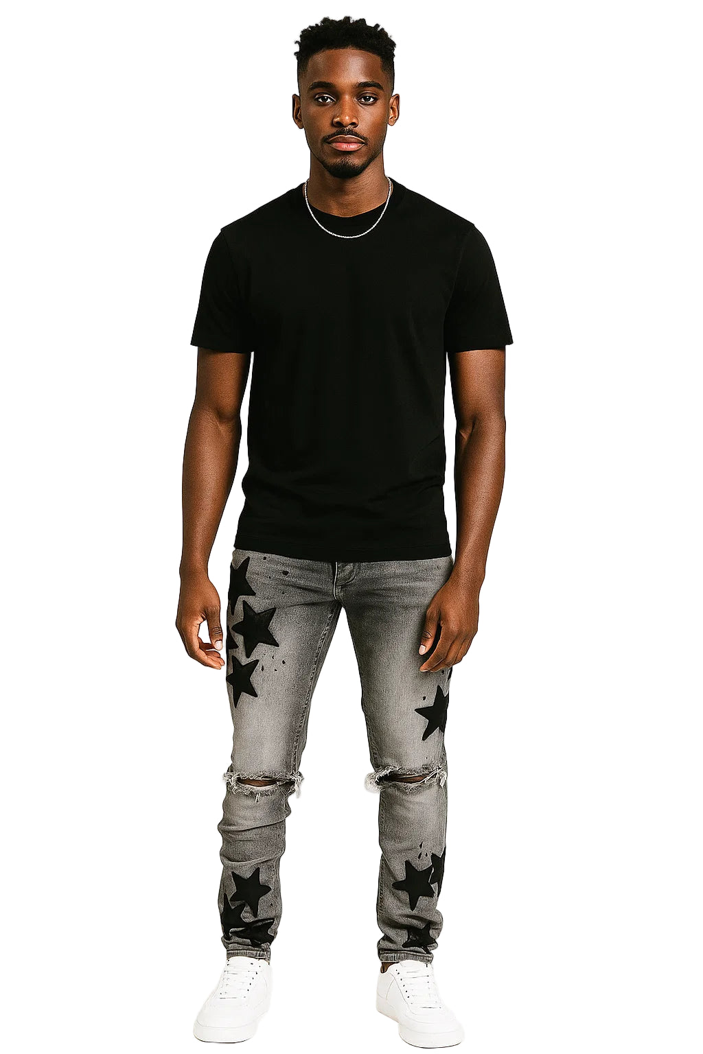 Men's "Stars" Slim-fit Stretch Jeans - Stars Embroidered Slim-fit Jeans, Stretch Denim Jeans, Mid Waist Streetwear Jeans, Slim-fit Jeans