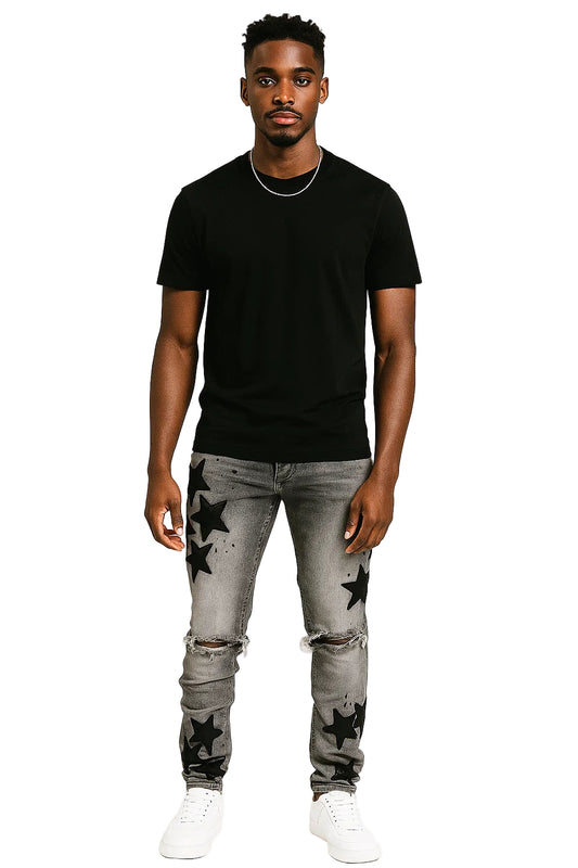 Men's "Stars" Slim-fit Stretch Jeans - Stars Embroidered Slim-fit Jeans, Stretch Denim Jeans, Mid Waist Streetwear Jeans, Slim-fit Jeans