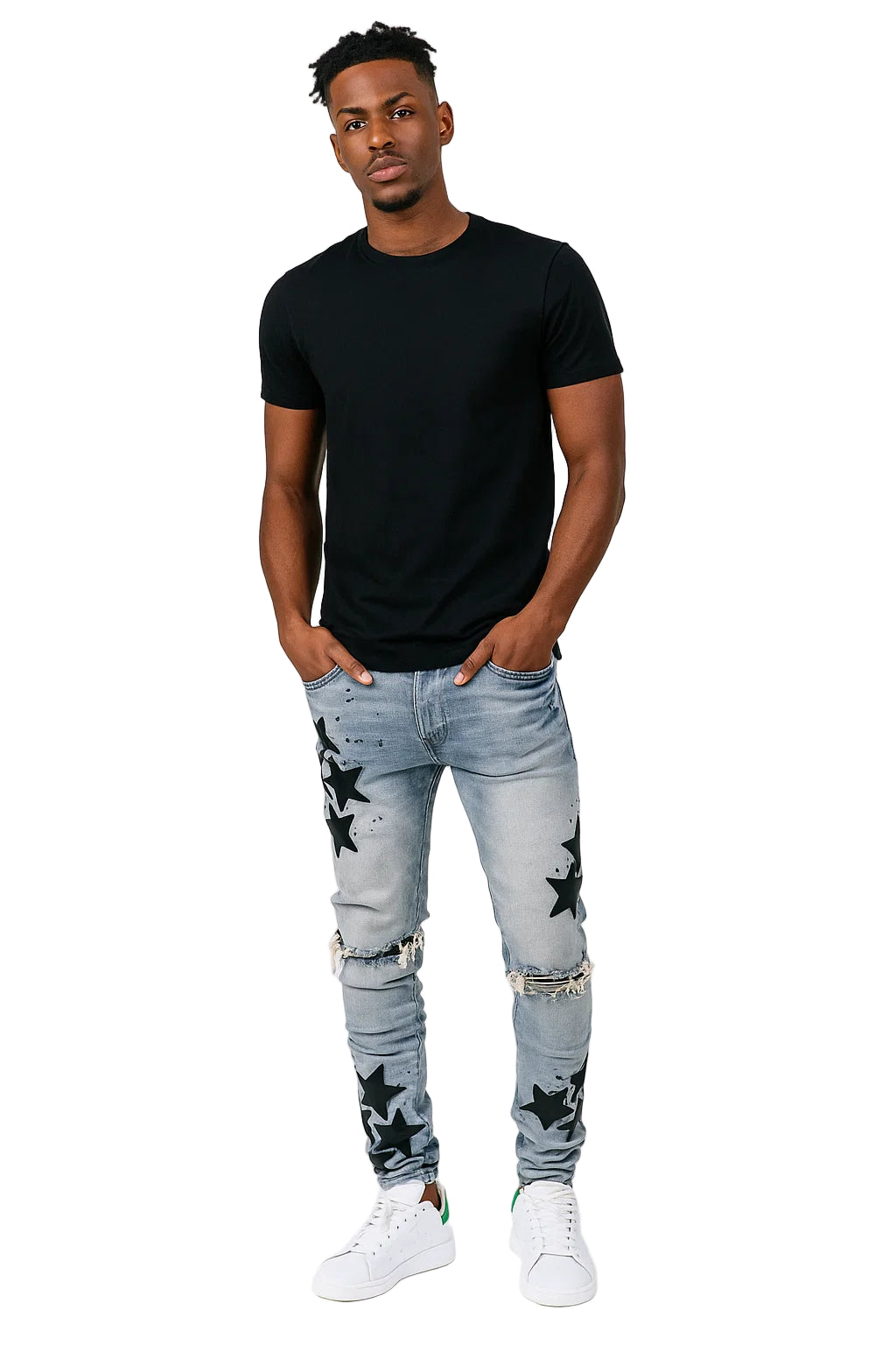 Men's "Stars" Slim-fit Stretch Jeans - Stars Embroidered Slim-fit Jeans, Stretch Denim Jeans, Mid Waist Streetwear Jeans, Slim-fit Jeans