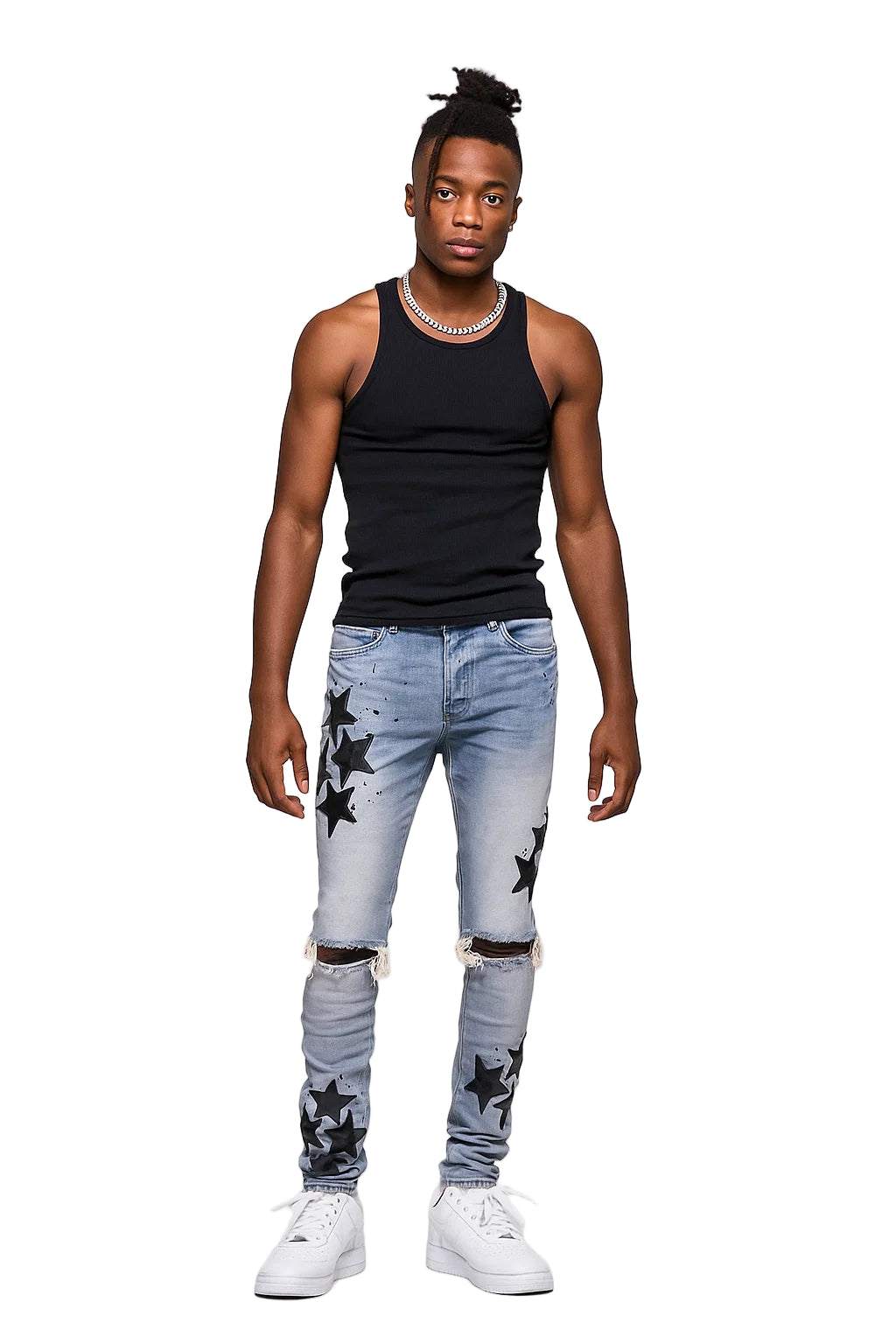 Men's "Stars" Slim-fit Stretch Jeans - Stars Embroidered Slim-fit Jeans, Stretch Denim Jeans, Mid Waist Streetwear Jeans, Slim-fit Jeans