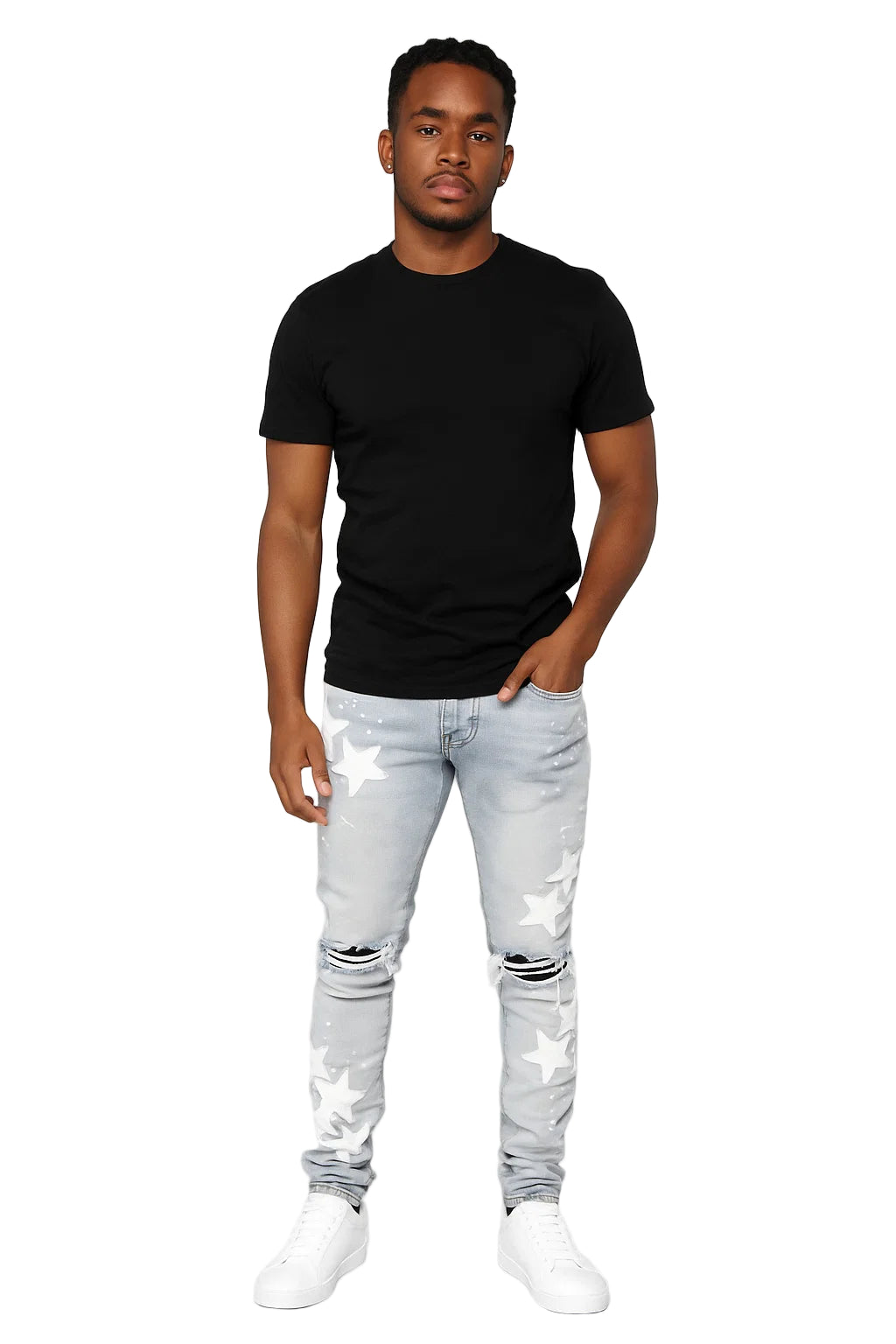Men's "Stars" Slim-fit Stretch Jeans - Stars Embroidered Slim-fit Jeans, Stretch Denim Jeans, Mid Waist Streetwear Jeans, Slim-fit Jeans