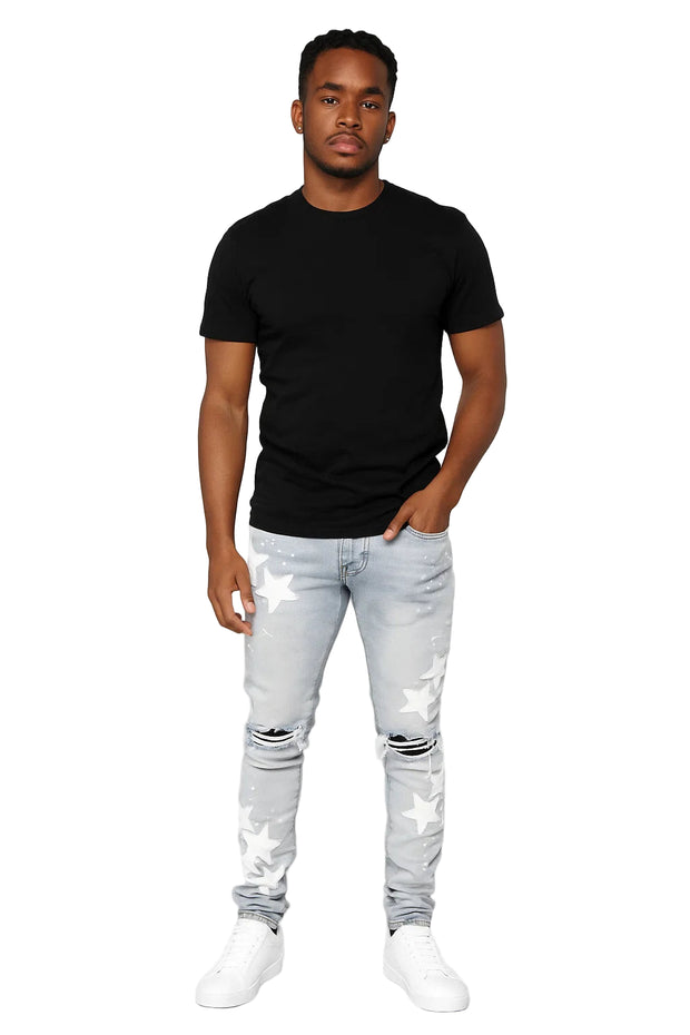 Men's "Stars" Slim-fit Stretch Jeans - Stars Embroidered Slim-fit Jeans, Stretch Denim Jeans, Mid Waist Streetwear Jeans, Slim-fit Jeans