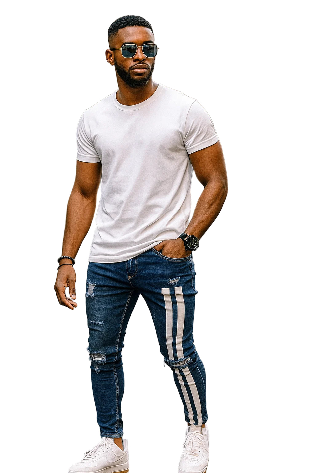 Stripe Skinny Jeans - Printed Streetwear Pants with Tears, Y2K Pencil Fit Denim