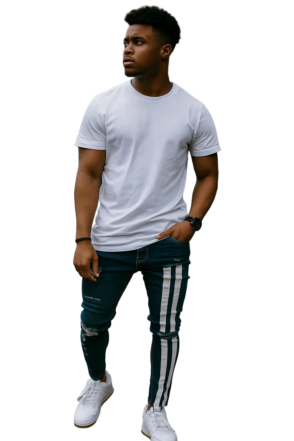 Stripe Skinny Jeans - Printed Streetwear Pants with Tears, Y2K Pencil Fit Denim